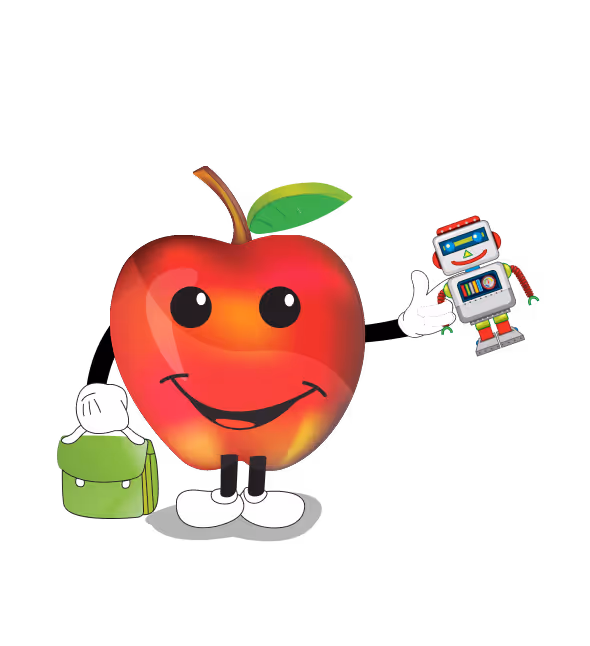 Smiling cartoon red apple with eyes, mouth, legs, and shoes holding a small green backpack in one hand and a toy robot in the other.