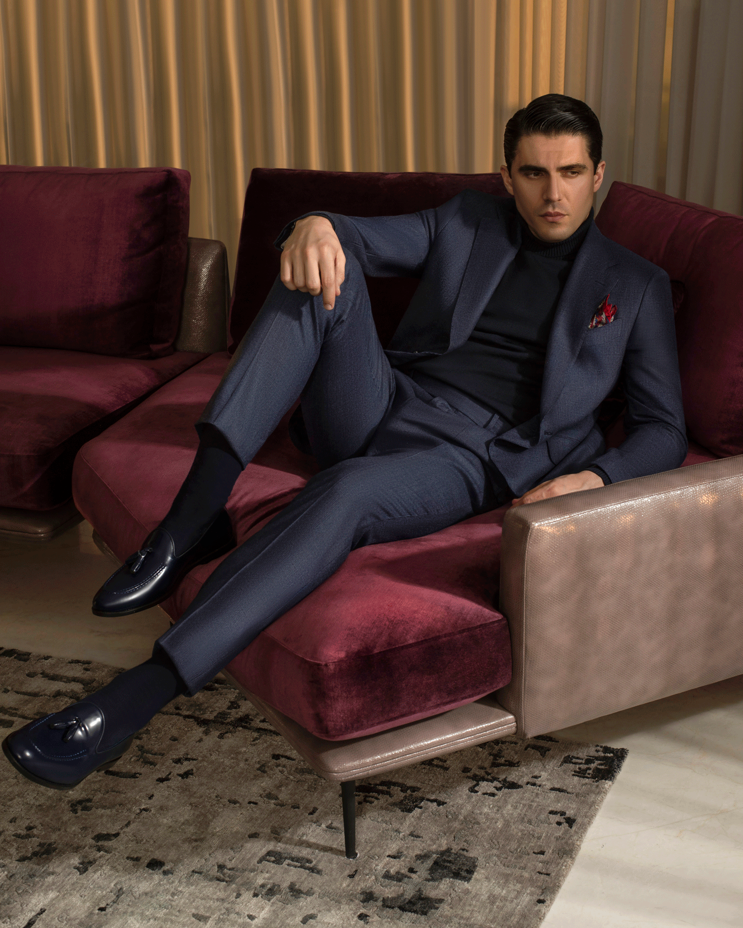 Blue Heringbone Wool Linen Suit