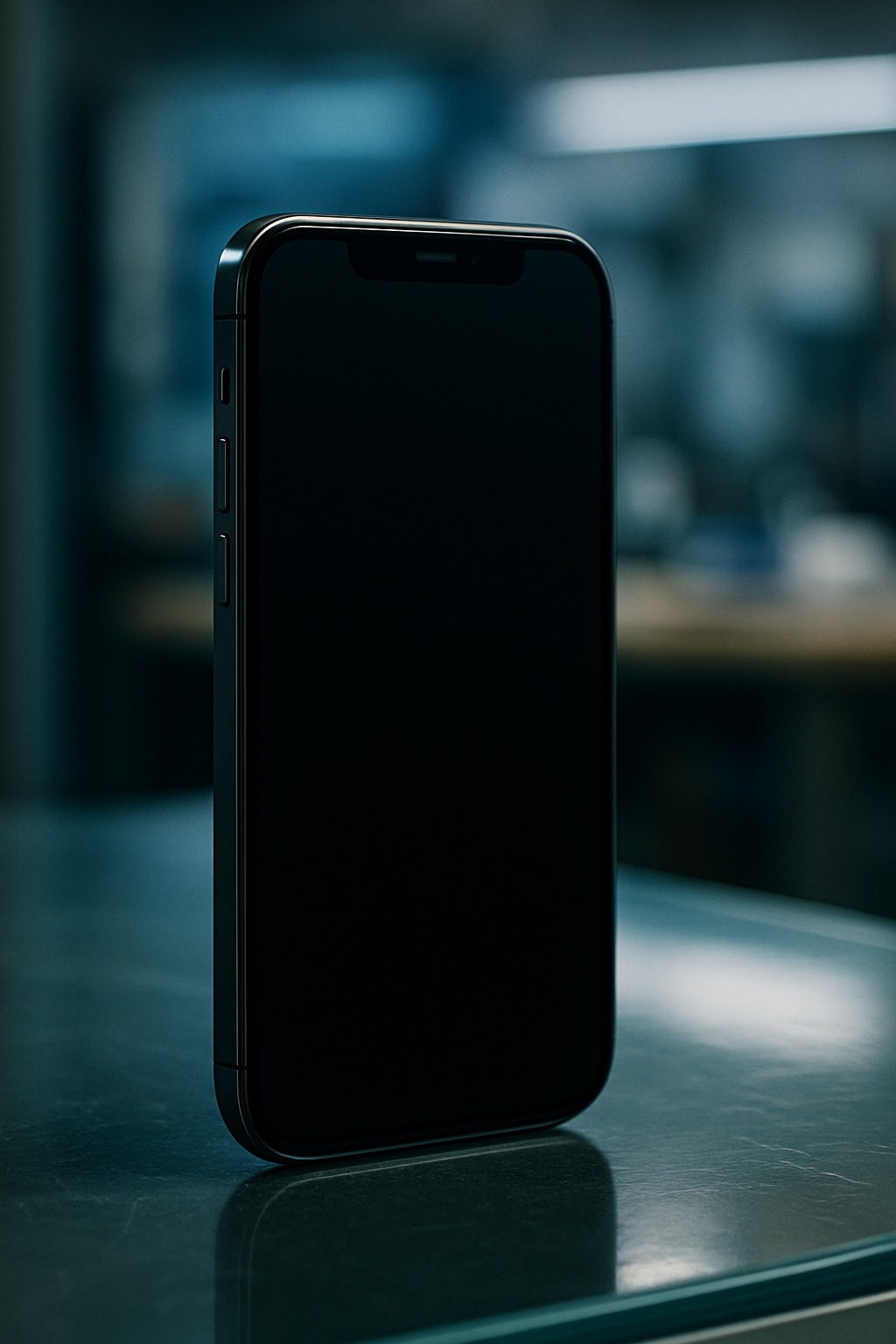 A hyper-realistic smartphone standing upright on a glass countertop with a blurred tech shop background and moody lighting.