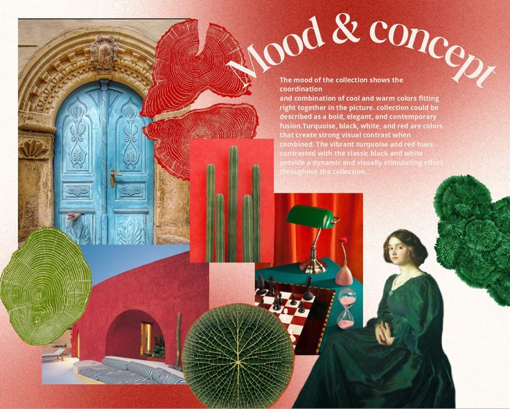 This may contain: a collage of green and red items in front of a blue door with the words mood & concept on it