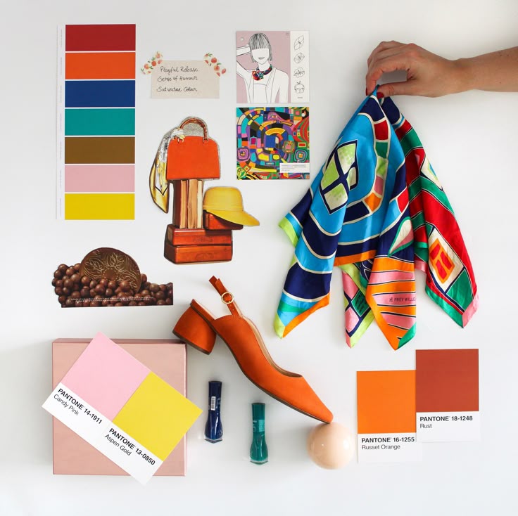 This may contain: there are many different items that can be seen on the table, including an orange shoe