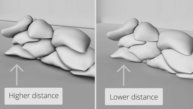 Two images of 3D pillow piles with lower and higher distance to show how higher distance deepens shadows