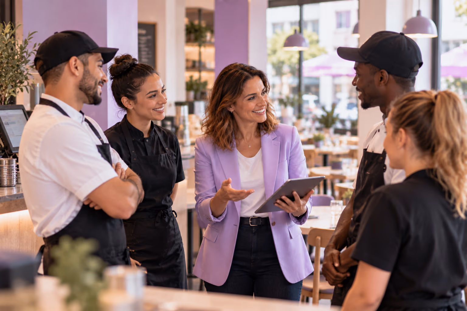 Une responsable RH échange avec l'équipe d'un restaurant franchisé en salle