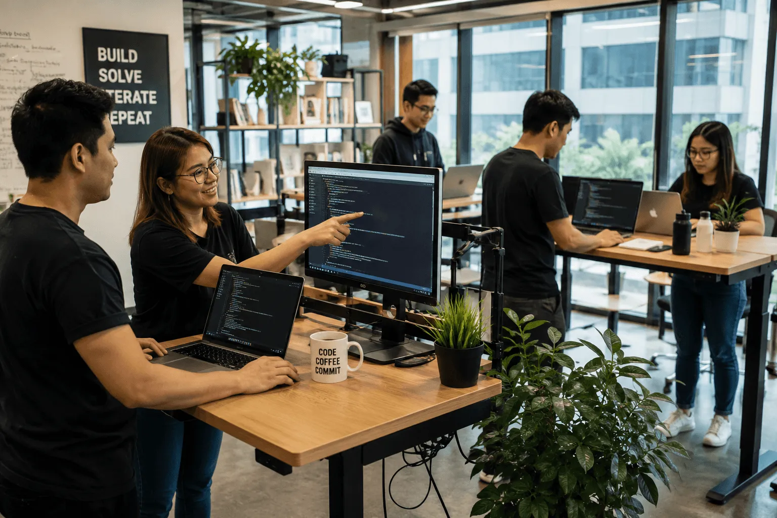 A Filipino web development team collaborating on a project in a modern co-working space to show professionalism and real-world working environments.