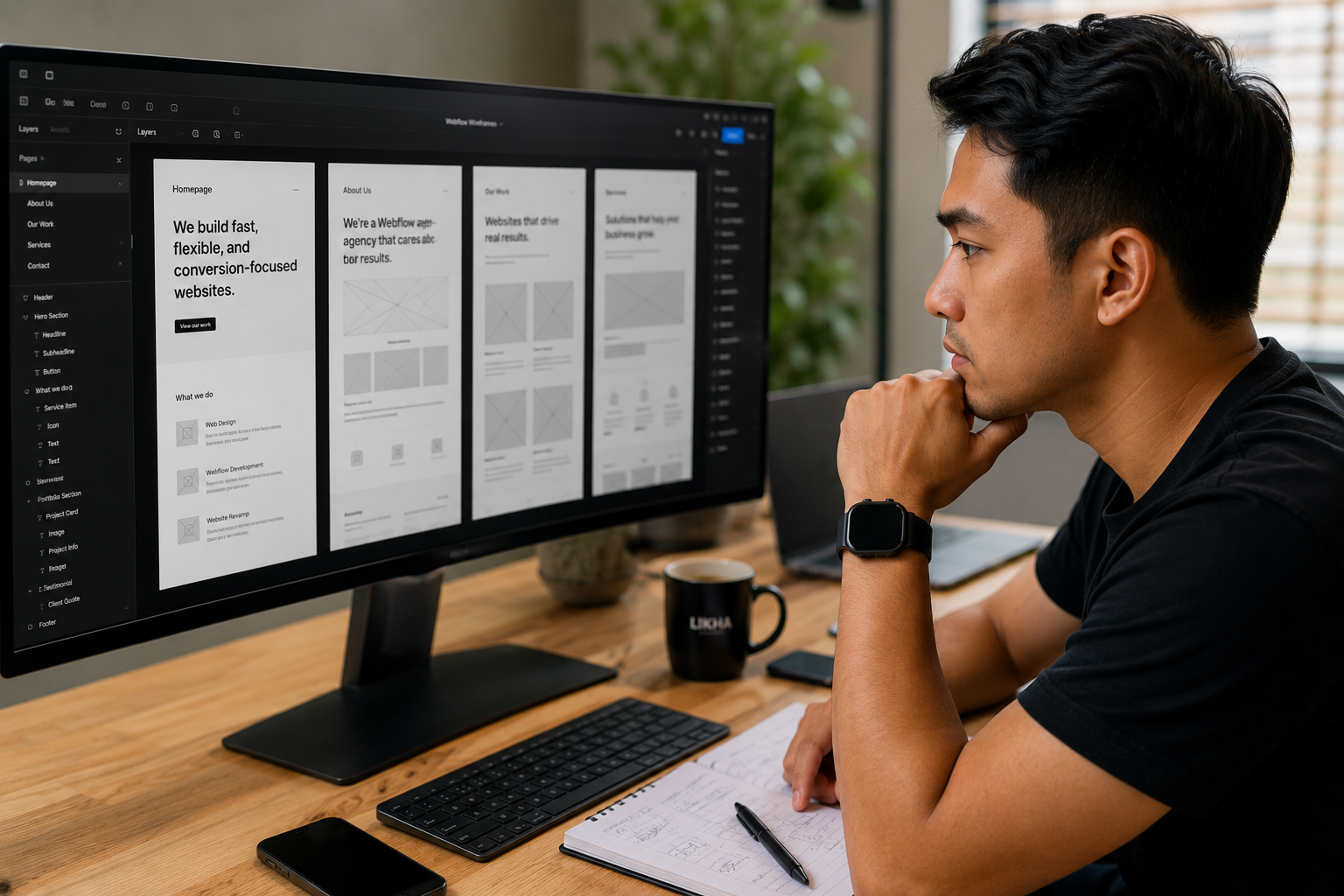 A designer reviewing a wireframe mockup on a large monitor, with sticky notes and design elements spread across the desk, conveying the planning phase of web development.