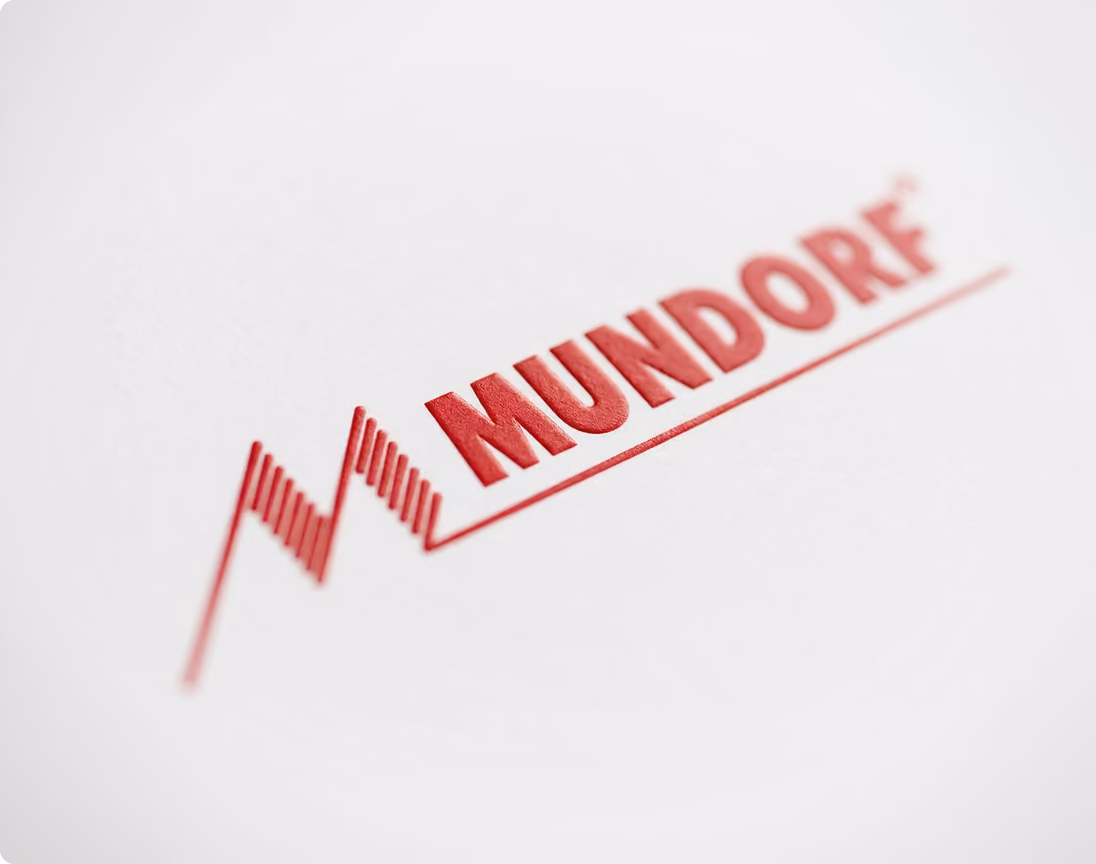 Mundorf lettering with the red brand mark