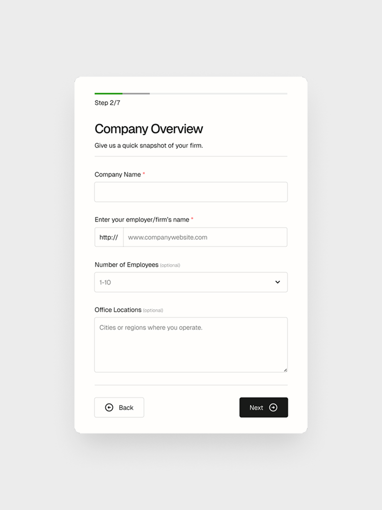 Screenshot of Proladex’s multi-step application form on step 2 of 7, titled “Company Overview,” showing a progress bar, input fields for Company Name and firm website (with “http://” prefix), an optional “Number of Employees” dropdown, an optional “Office Locations” text area, and Back/Next navigation buttons.