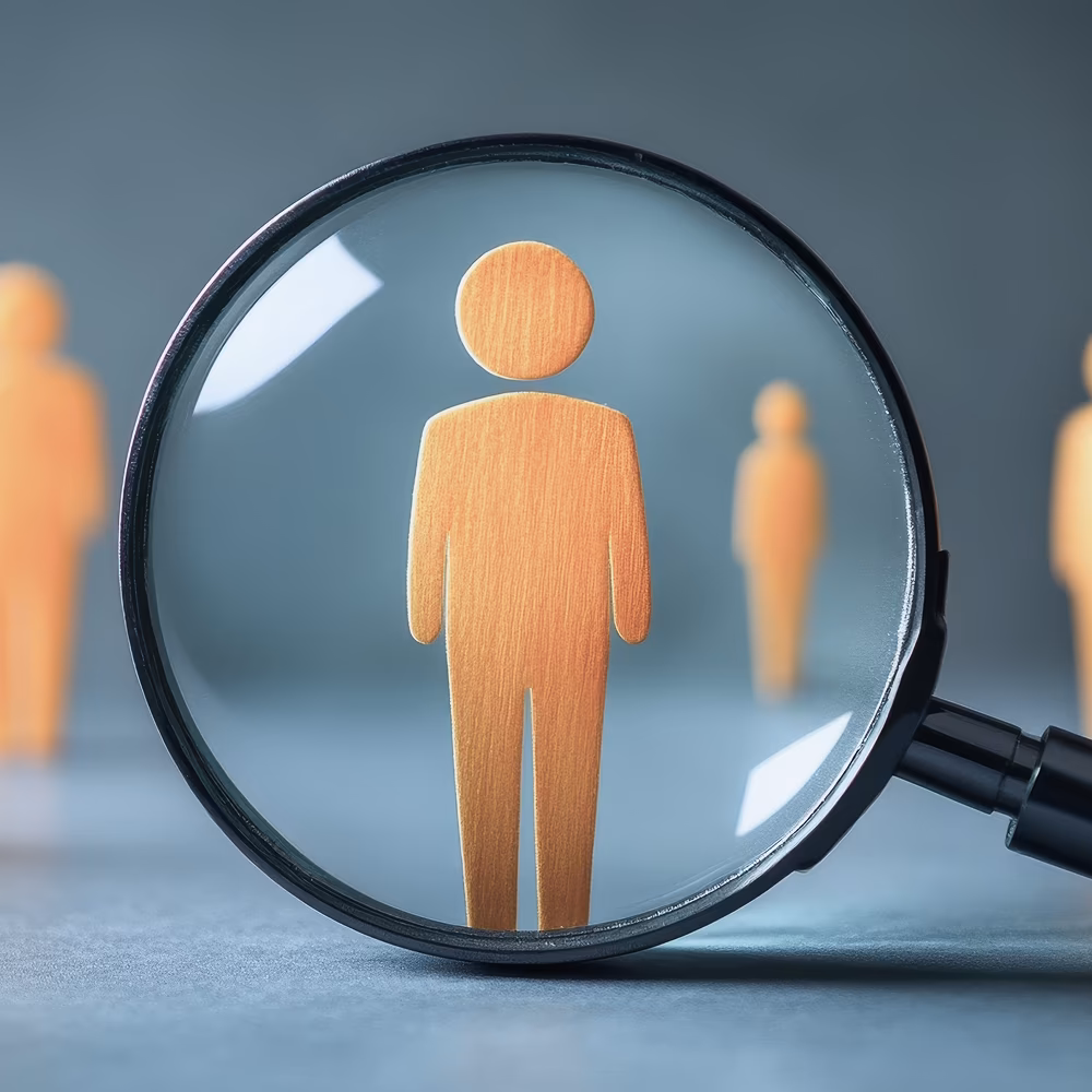 A magnifying glass focusing on a single wooden human figure icon with other blurred wooden figures standing in the background on a neutral grey surface.