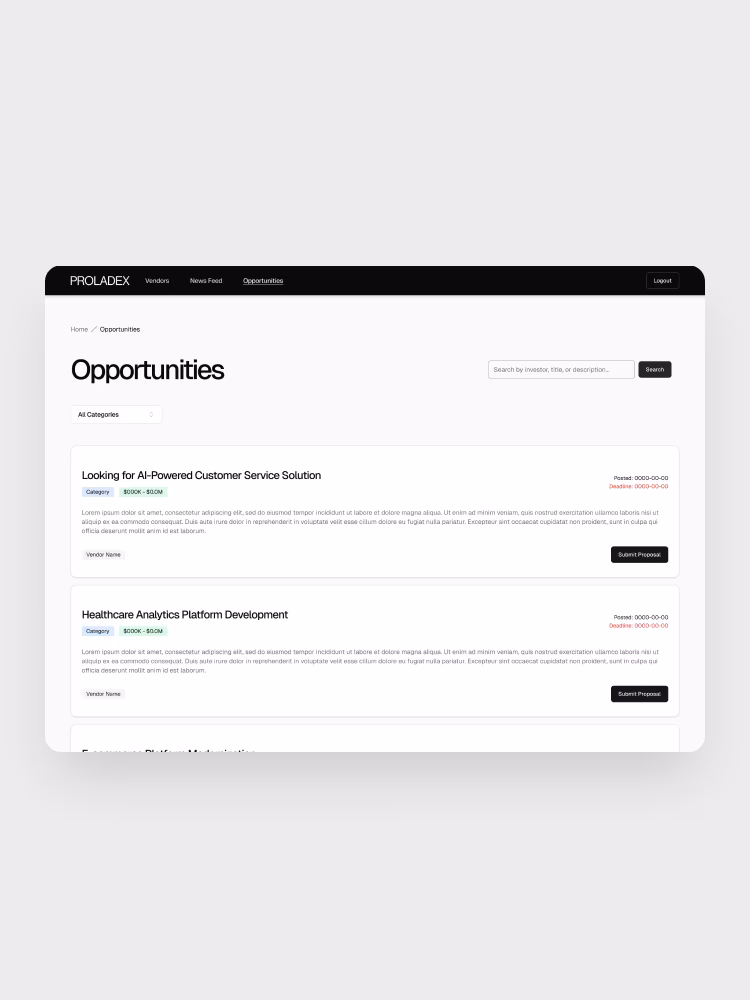 Proladex opportunities page showing a list of Investment Professionals posted jobs/contracts looking for third-party service providers.