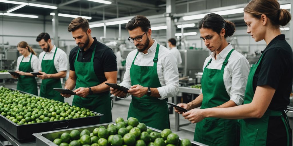 Onboarding digital Des travailleurs en tablier vert inspectent des produits à l'aide de tablettes.