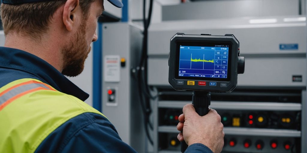 Technician inspecting refrigeration system with thermal camera
