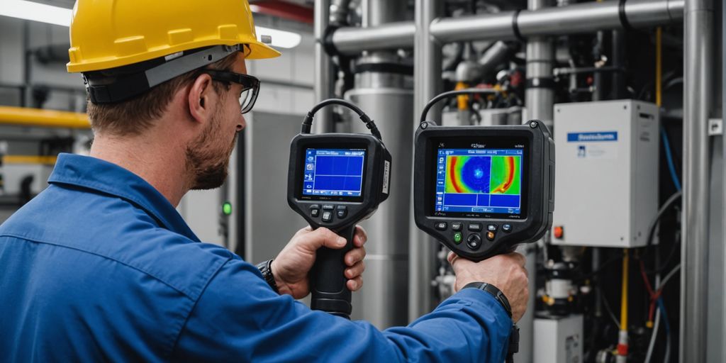 Température Dirigée Optimale: Technicien utilisant une caméra thermique sur un système de réfrigération.