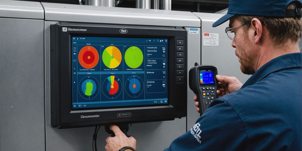 Technicien inspectant un système de réfrigération à l'aide d'une caméra thermique.
