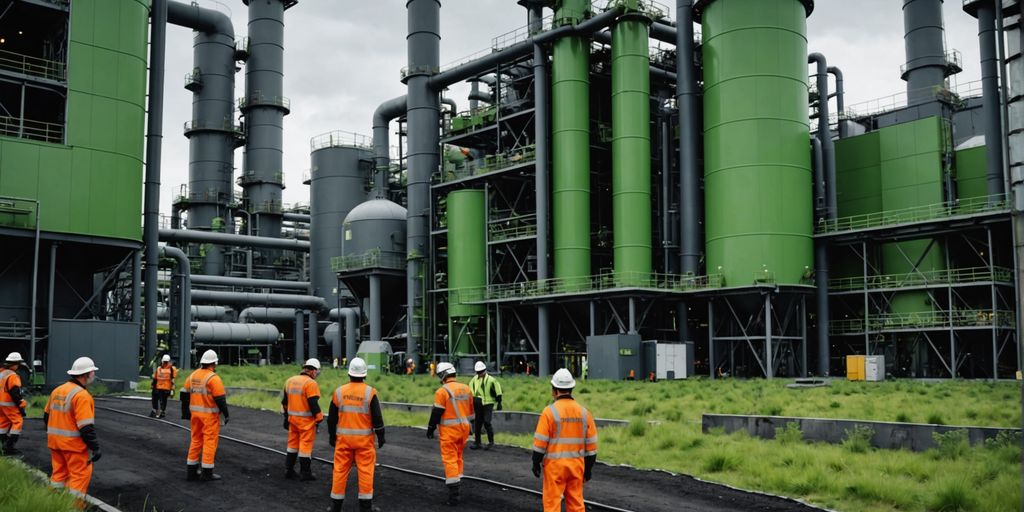 Usine chimique avec des travailleurs en tenue de sécurité