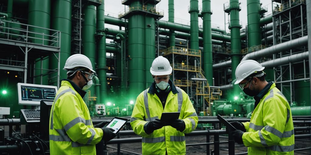 Travailleurs en tenue de sécurité dans une usine chimique