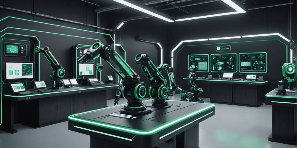 Usine cosmétique futuriste avec bras robotisés et hologrammes