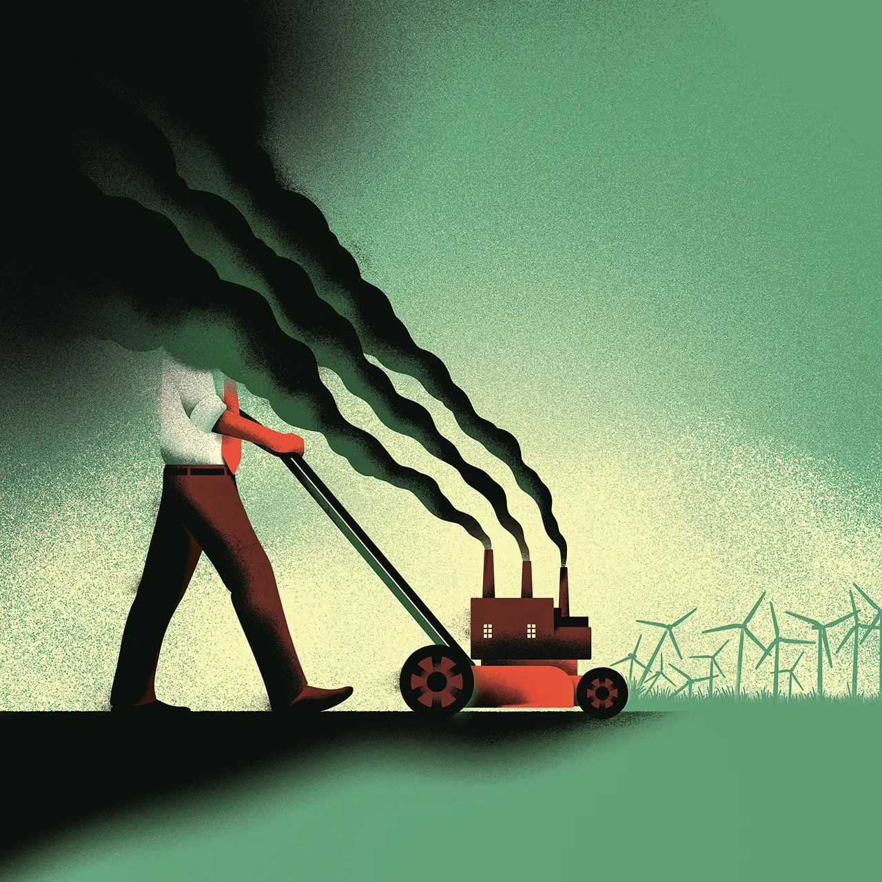 Illustration eines fabrikähnlich-qualmenden Rasenmähers in grüner Landschaft