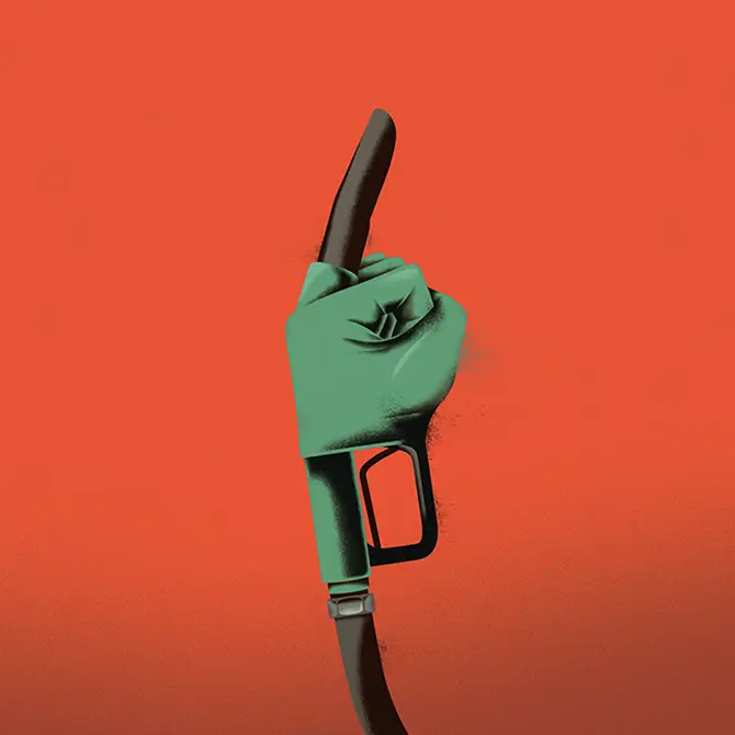 Illustration eines erhobenen Mittelfingers in Form einer Zapfpistole