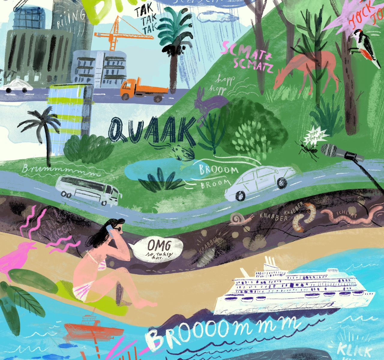 Bunte Illustration zeigt eine Straße mit Autos, eine Küstenlandschaft mit Booten, Tieren, einem Menschen am Strand und Geräuschwörtern wie 'QUAAK', 'TAK TAK TAK' und 'BROOOM'. Im Hintergrund stehen Hochhäuser und ein großer Kran.