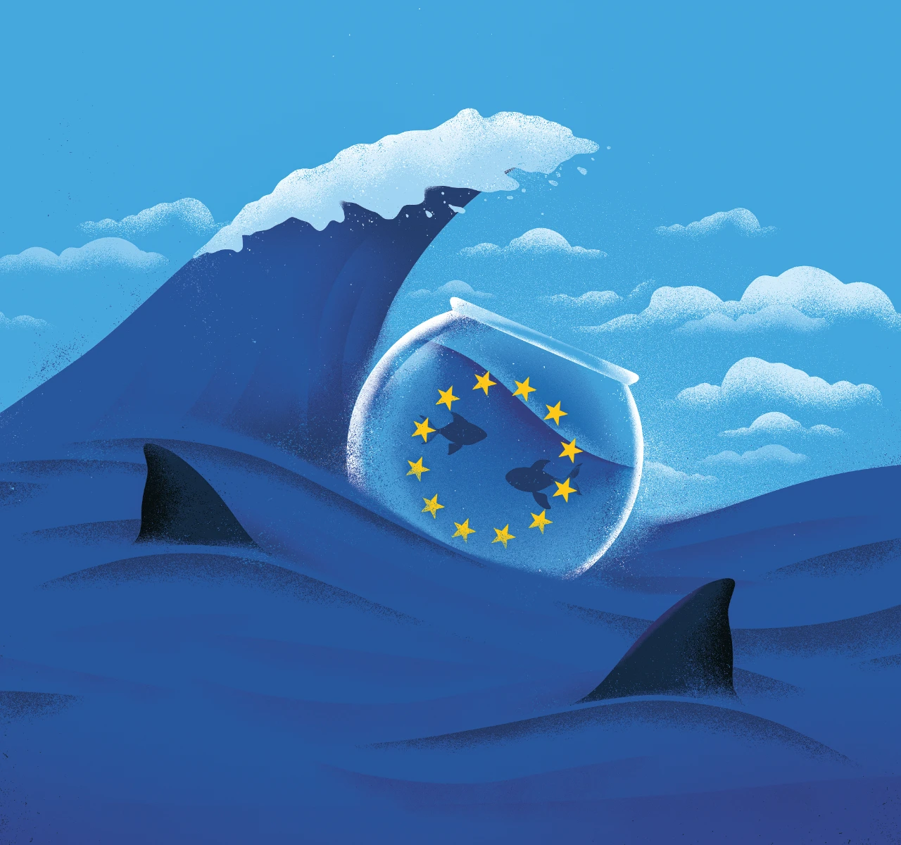 Ein Fischglas mit zwei Fischen und dem EU-Sternenkranz schwimmt im stürmischen Ozean, umgeben von Haifischflossen und einer hohen Welle.