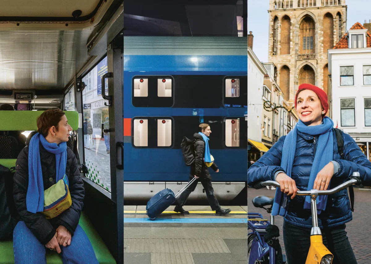 Drei Bilder zeigen die selbe Frau mit blauer Jacke und blauem Schal, im Bus, am Bahnsteig mit Rollkoffer und auf einem gelben Fahrrad in einer Stadt