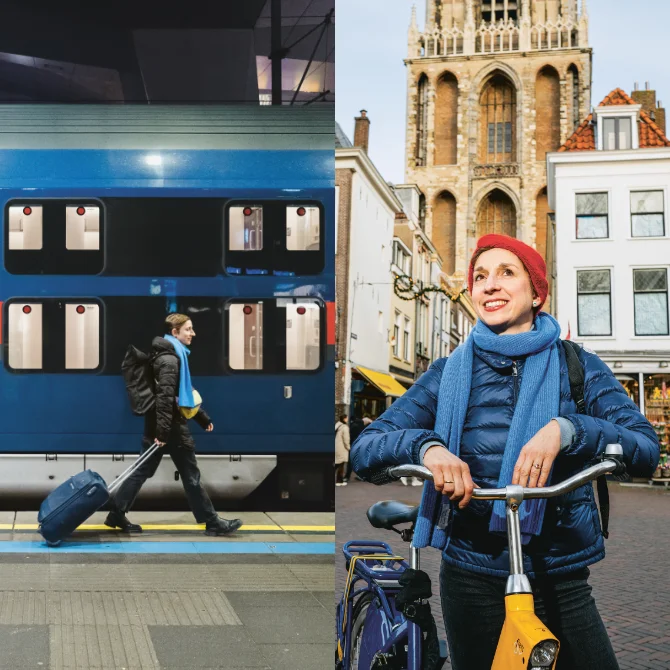 Drei Bilder zeigen die selbe Frau mit blauer Jacke und blauem Schal, im Bus, am Bahnsteig mit Rollkoffer und auf einem gelben Fahrrad in einer Stadt