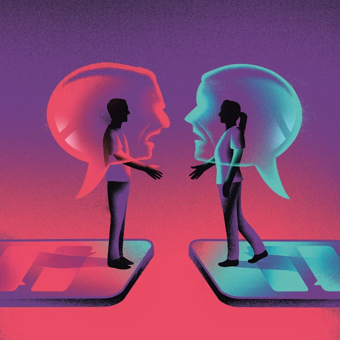 Illustration von Menschen, die sich auf überdimensionalen Smartphones mit ausgestreckter Hand gegenüberstehen. Ihre Oberkörper sind in Sprechblasen in Form menschlicher Körper dargestellt