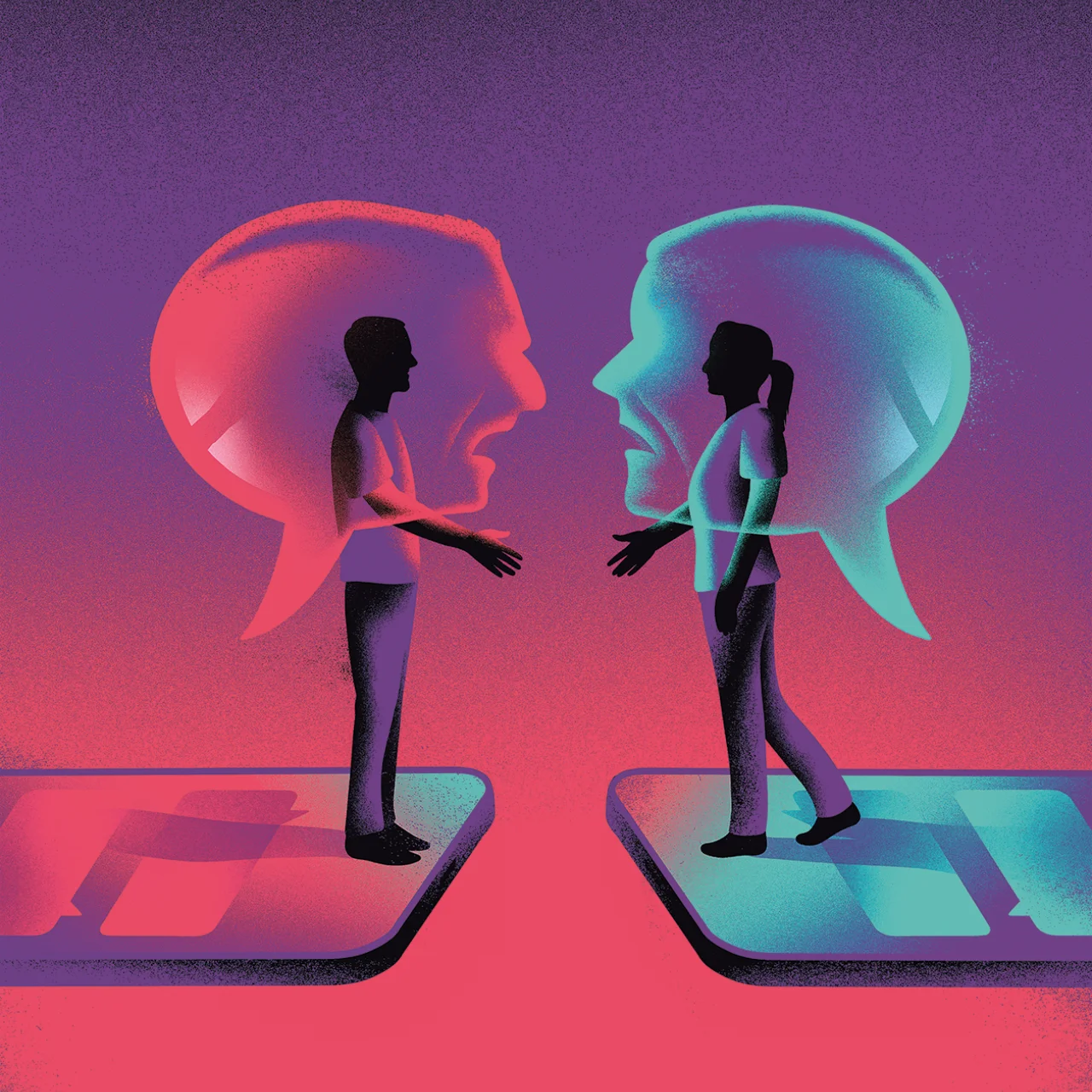 Illustration von Menschen, die sich auf überdimensionalen Smartphones mit ausgestreckter Hand gegenüberstehen. Ihre Oberkörper sind in Sprechblasen in Form menschlicher Körper dargestellt