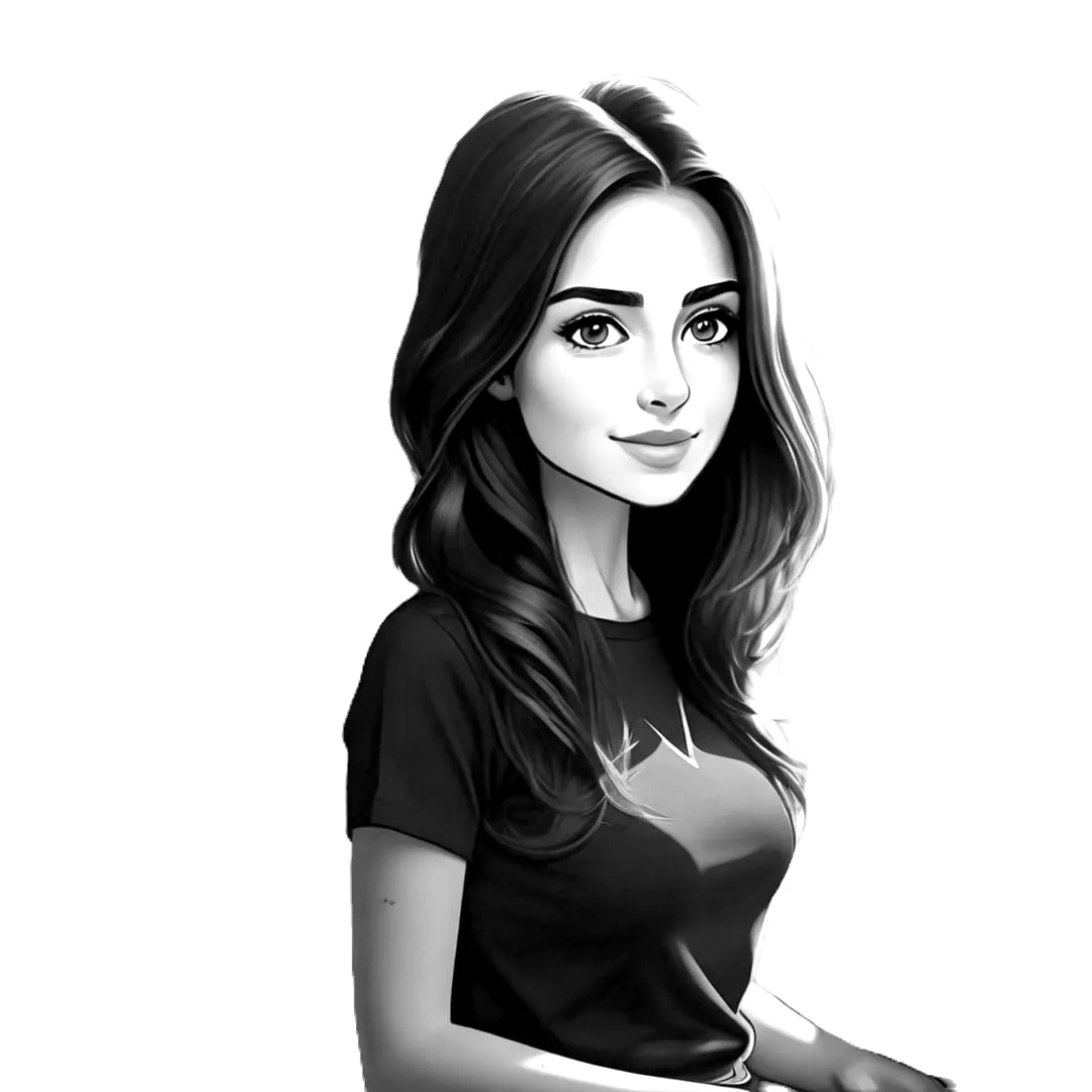 Black and white digital portrait of a young woman with long hair wearing a fitted t-shirt.