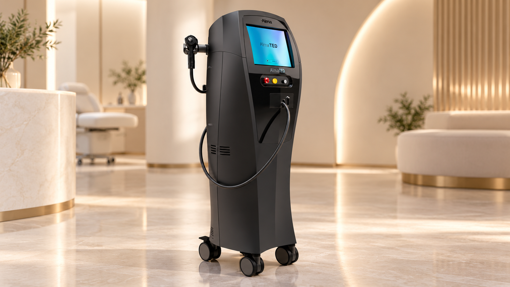 Alma BeautiFill console with radial-emission laser fiber and Mercedes cannula on display.
