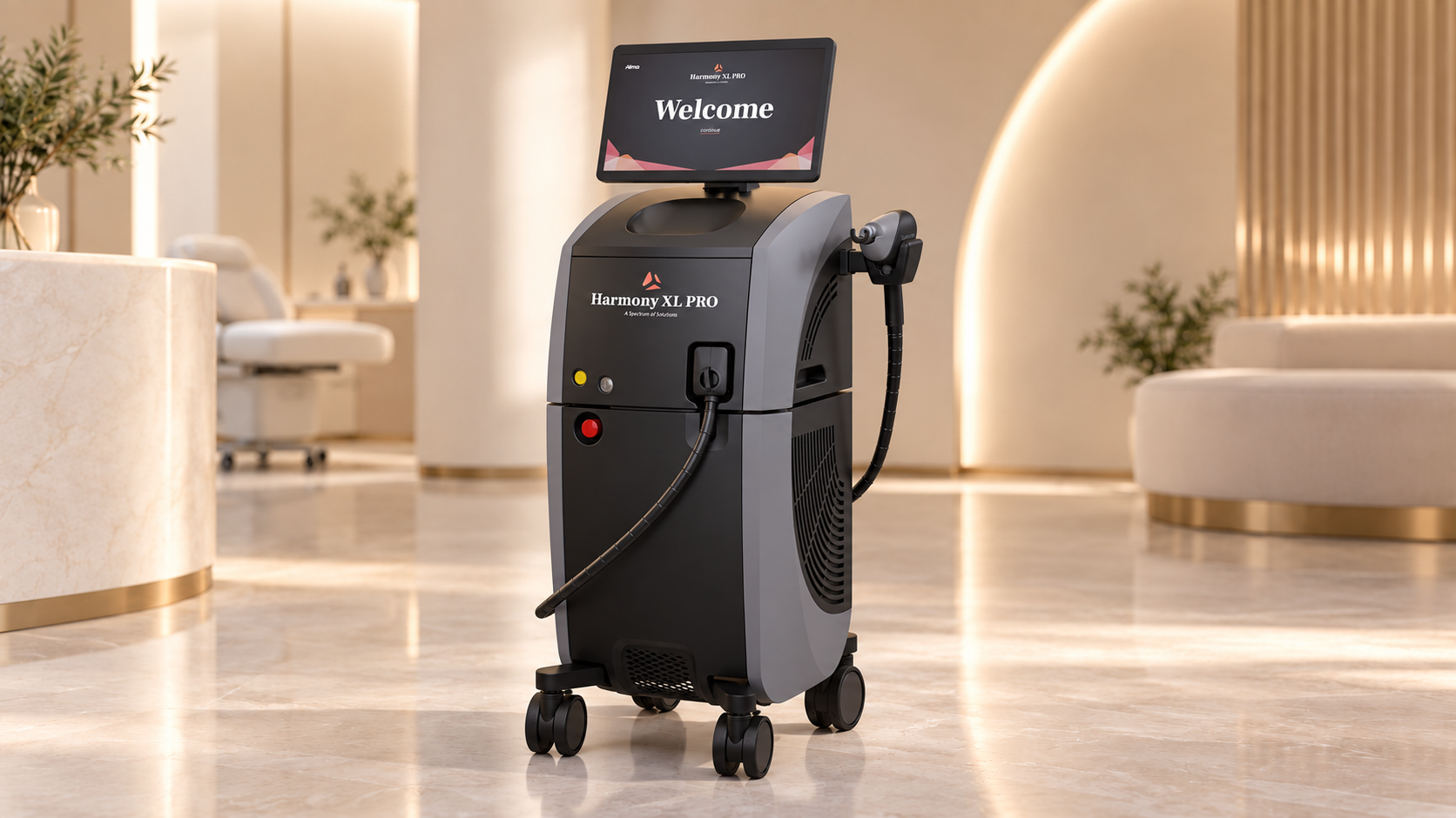 Alma BeautiFill console with radial-emission laser fiber and Mercedes cannula on display.