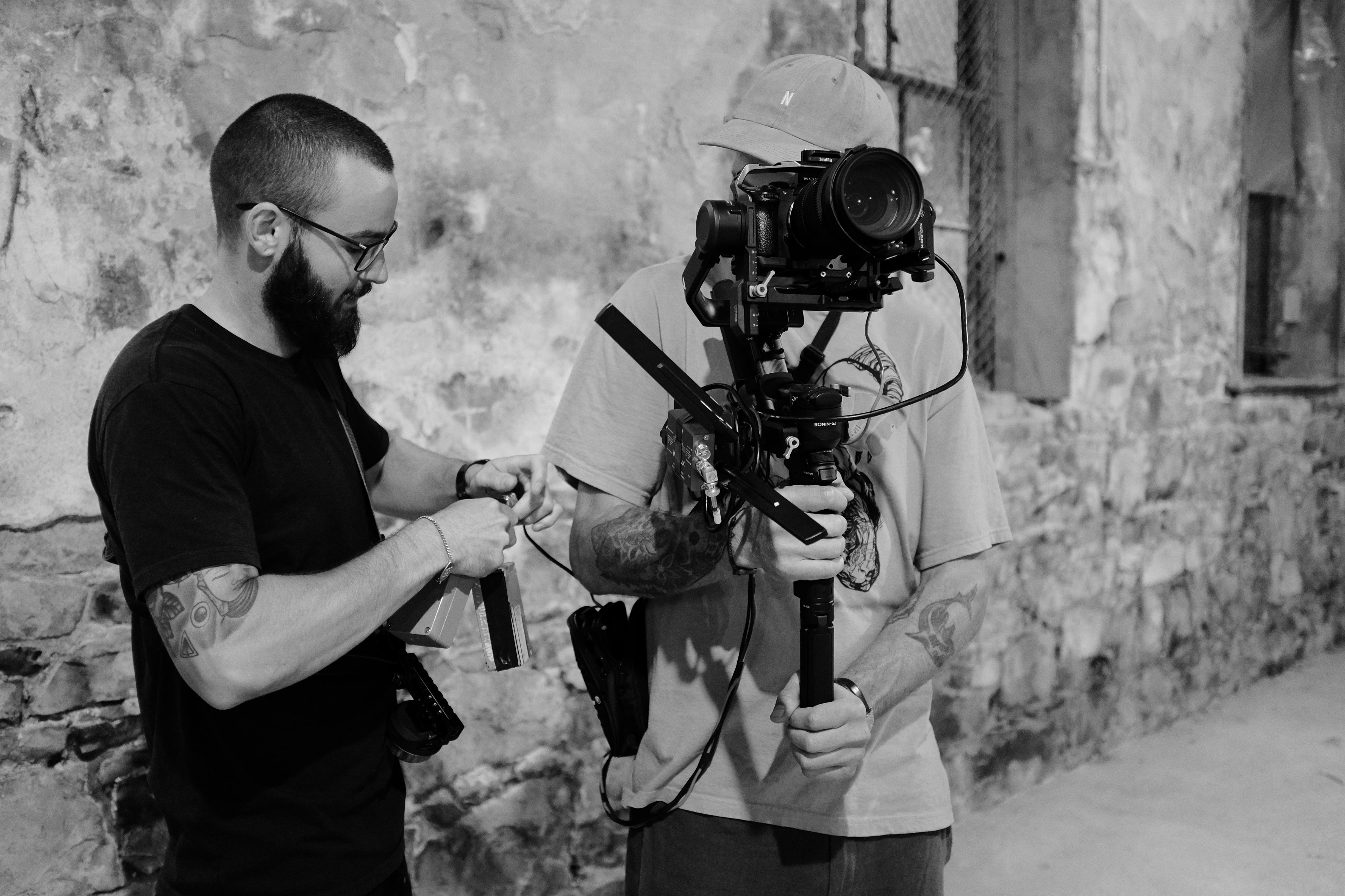 Bradon and Wade setting up a camera rig on a gimbal 