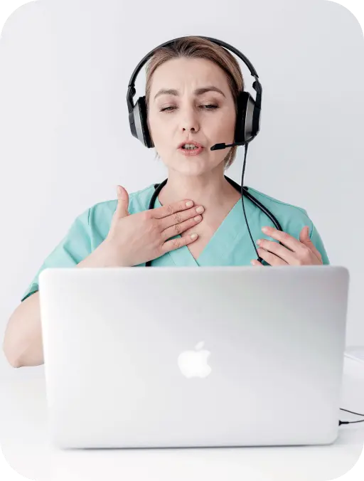 Female doctor on a video call describing symptoms using a laptop
