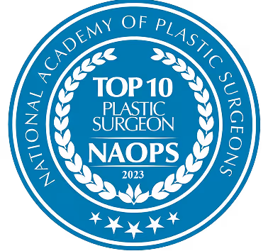 Seal of the National Academy of Plastic Surgeons featuring a laurel wreath and text stating 'Top 10 Plastic Surgeon NAOPS 2023'.