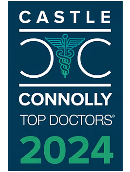 Castle Connolly Top Doctors 2024 badge with medical caduceus symbol on dark teal background.