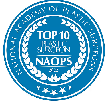 Seal of the National Academy of Plastic Surgeons with text 'Top 10 Plastic Surgeon NAOPS 2022' and laurel wreath design.