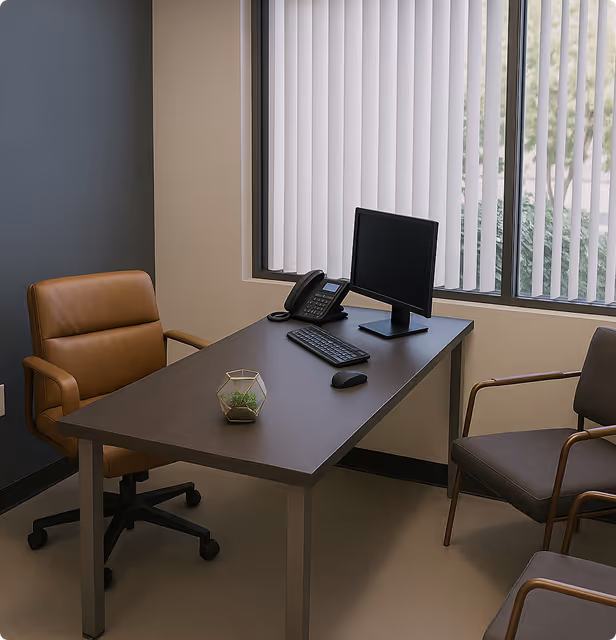 Office setup with a dark wood desk holding a computer monitor, keyboard, mouse, phone, and a small decorative plant, flanked by a brown leather office chair and two visitor chairs near a window with vertical blinds.