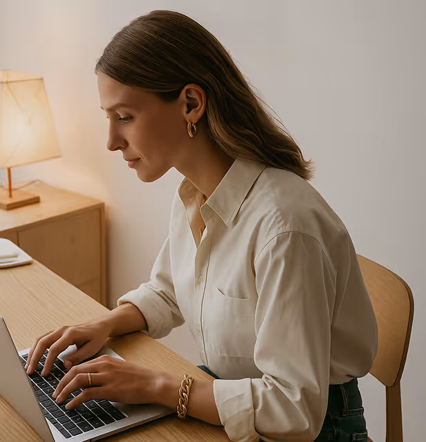 Woman with shoulder-length brown hair wearing a cream shirt typing on a laptop at a wooden desk with a lamp.