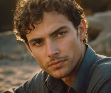 Close-up portrait of a young man with curly hair and a serious expression outdoors.