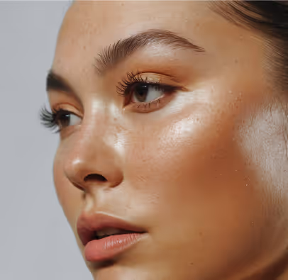 Close-up of a young woman's face with smooth, glowing skin and natural makeup looking to the side.
