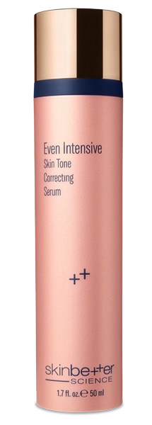 Tall pink bottle of SkinBetter Science Even Intensive Skin Tone Correcting Serum with a gold cap.