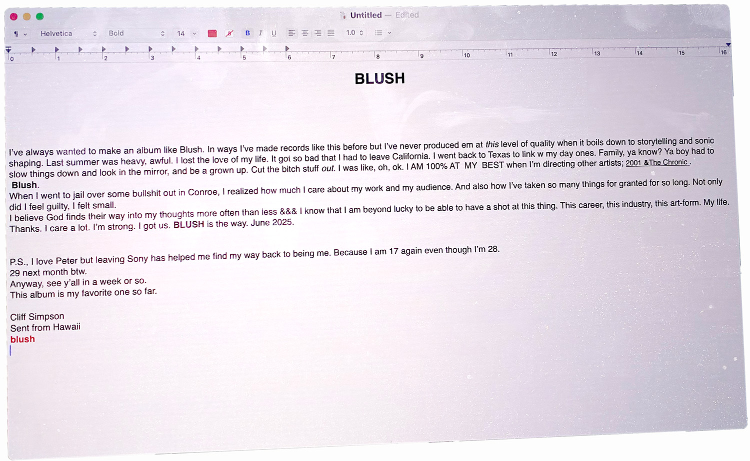 screenshot of computer notes page with Blush description
