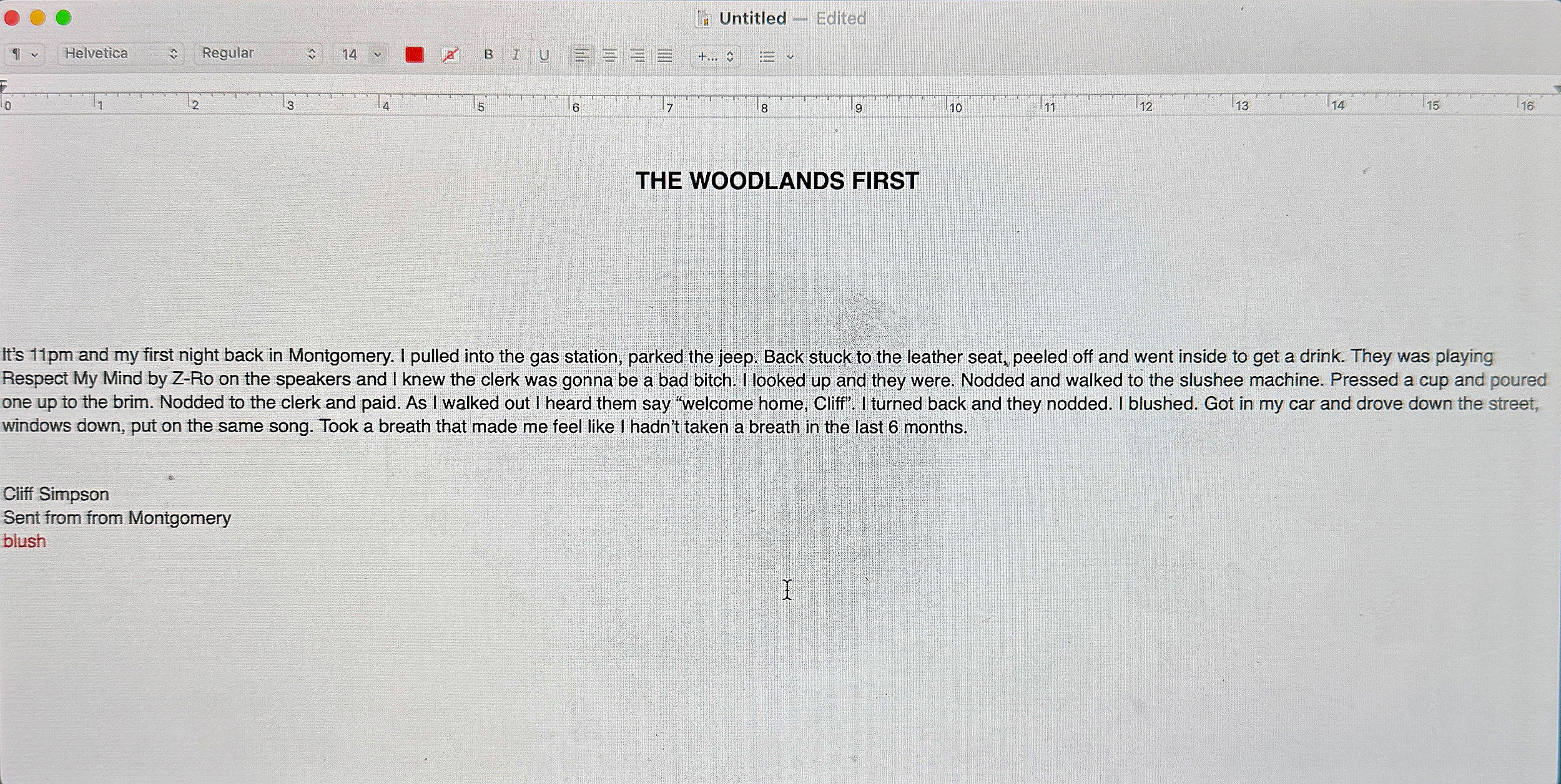 screenshot of computer notes page with Blush description