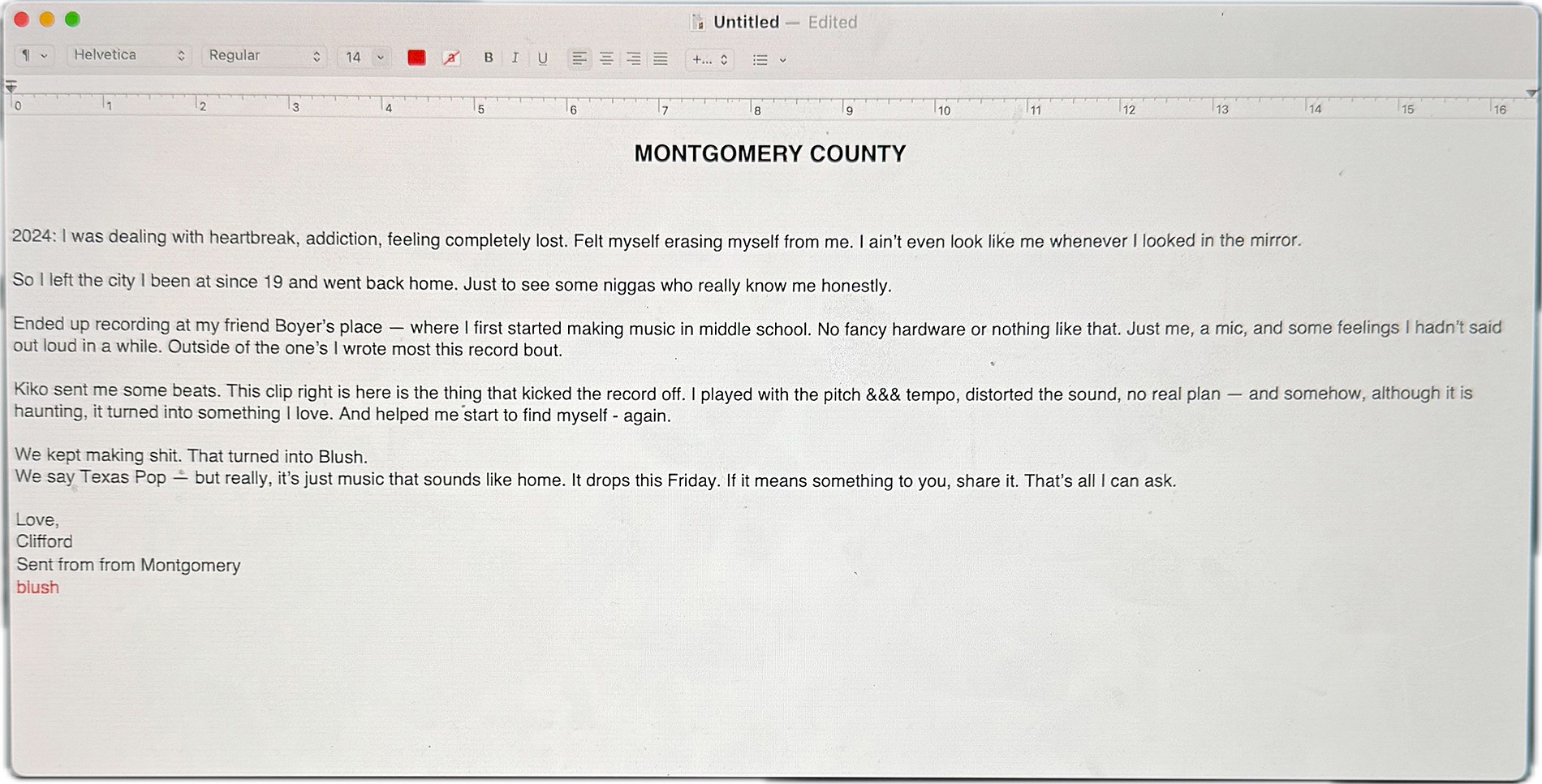 screenshot of computer notes page with Blush description