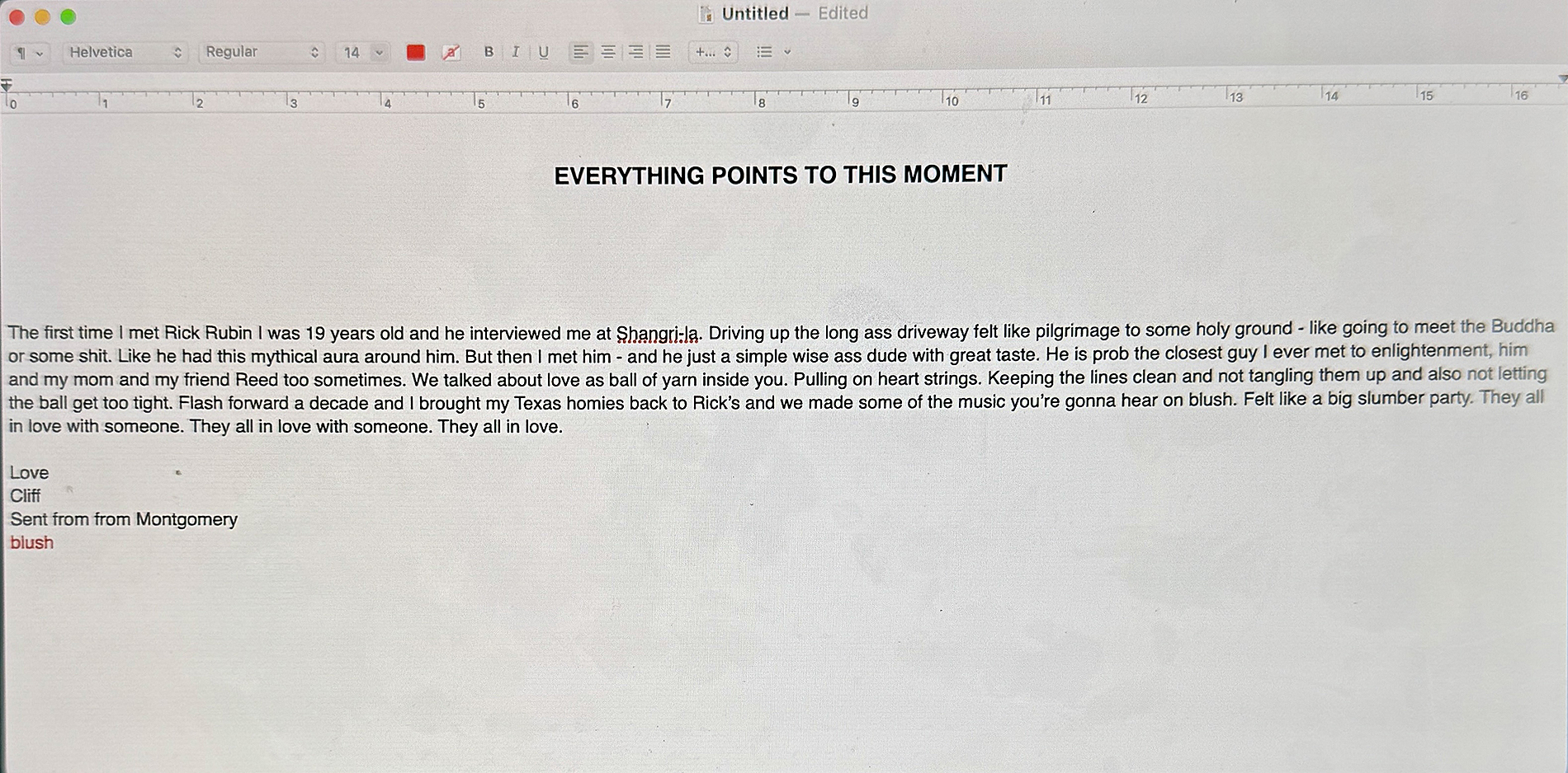 screenshot of computer notes page with Blush description