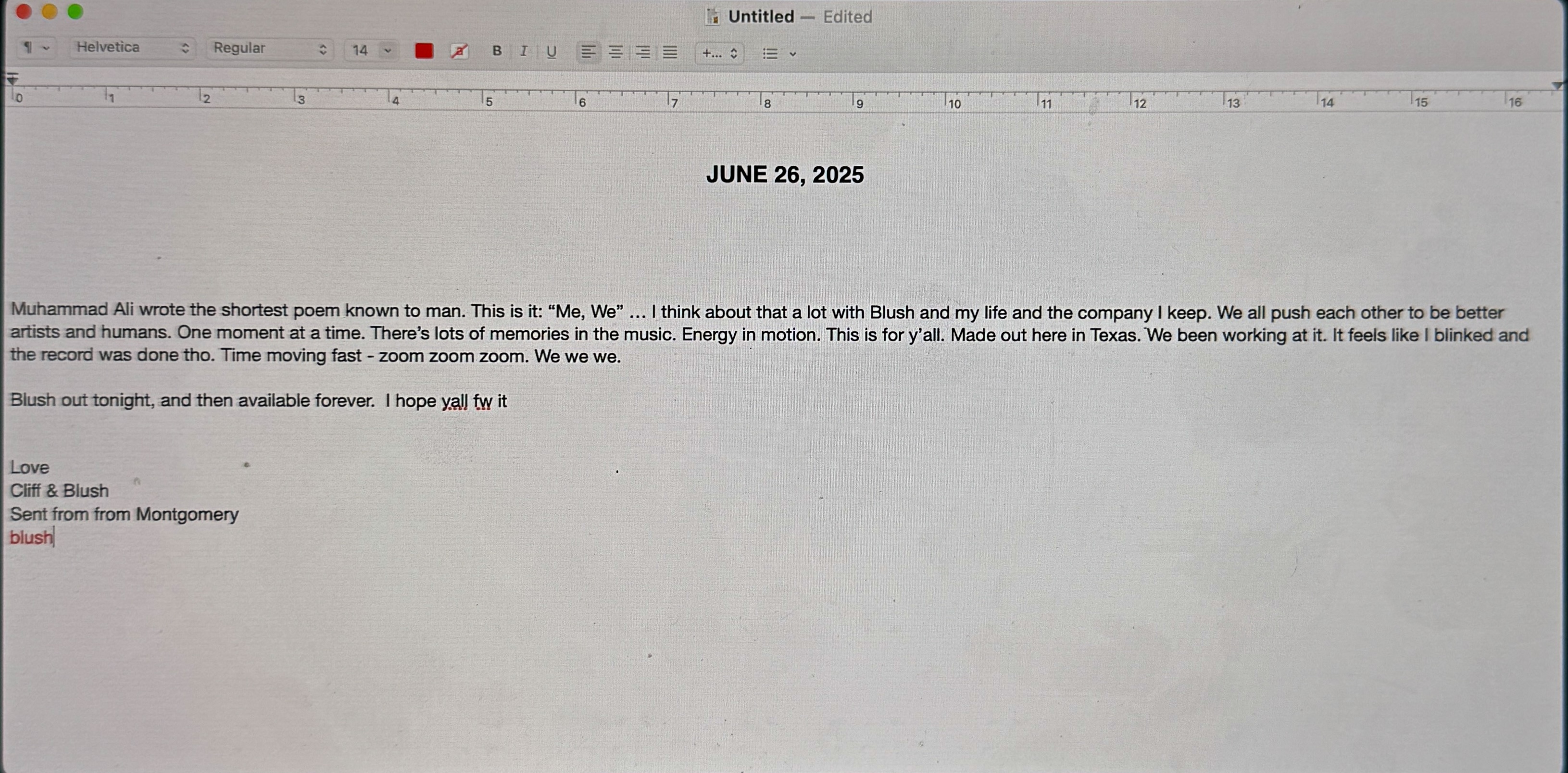 screenshot of computer notes page with Blush description