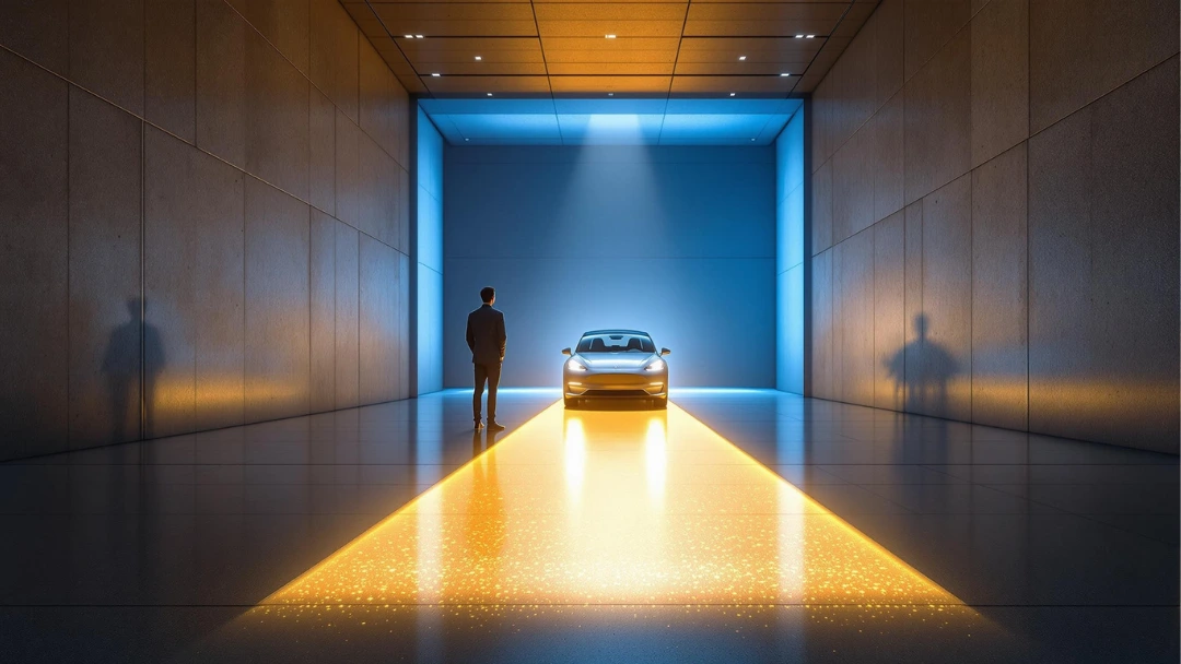 Homme en costume face à une voiture électrique mise en lumière dans un espace futuriste — illustration symbolique des primes à l’achat et incitations pour véhicules électriques en 2025.