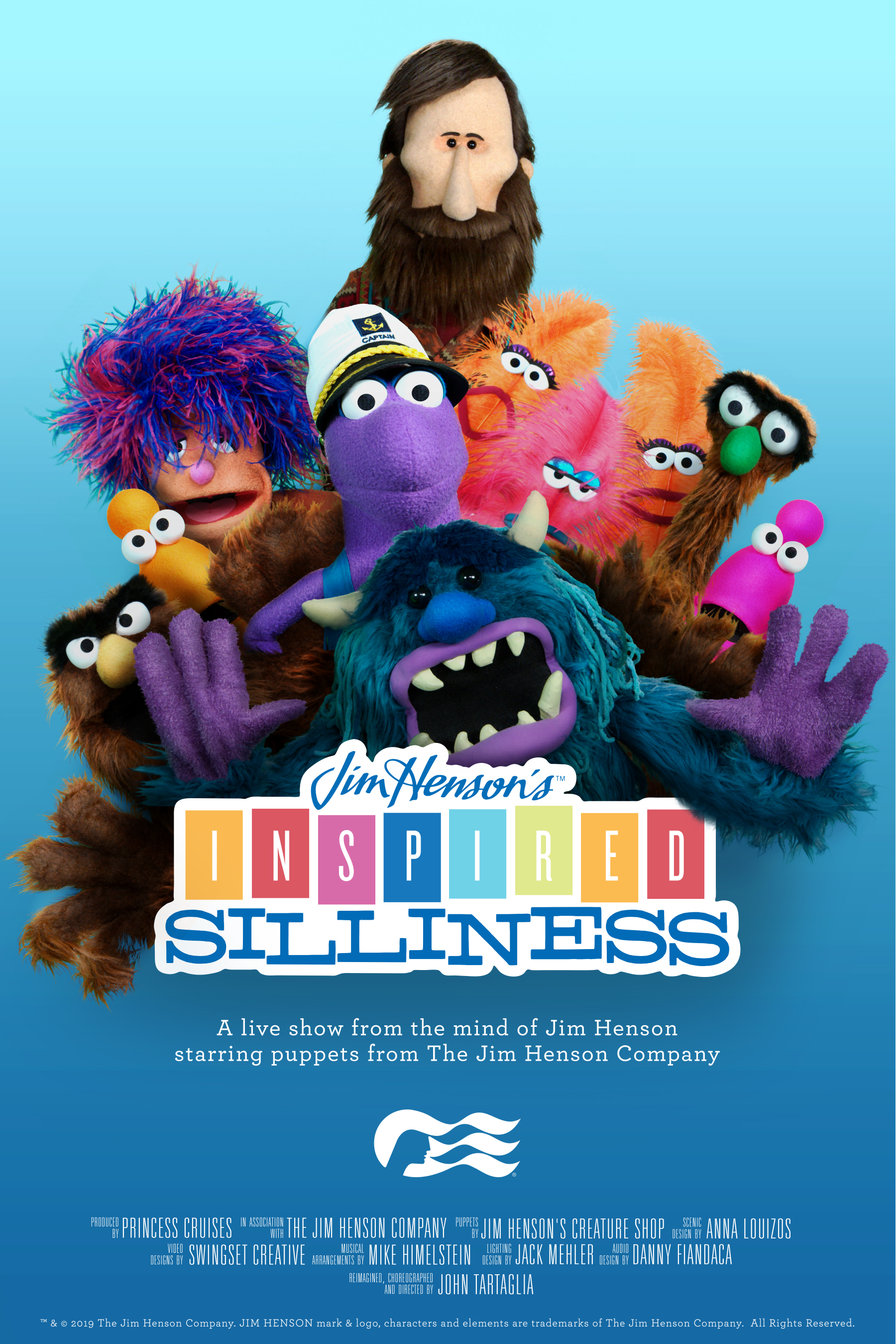 Final poster design for Inspired Silliness, featuring vibrant puppet characters created by Jim Henson Studios. Designed for Princess Cruises onboard entertainment promotion by Neil Vilppu.