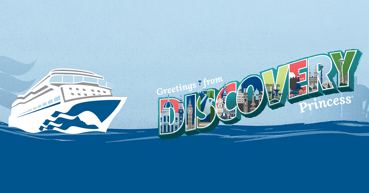 Illustrated mural of a Princess cruise ship at sea with postcard-style “Greetings from Discovery Princess” text on a cool blue background, used as the key visual for the onboard mural.
