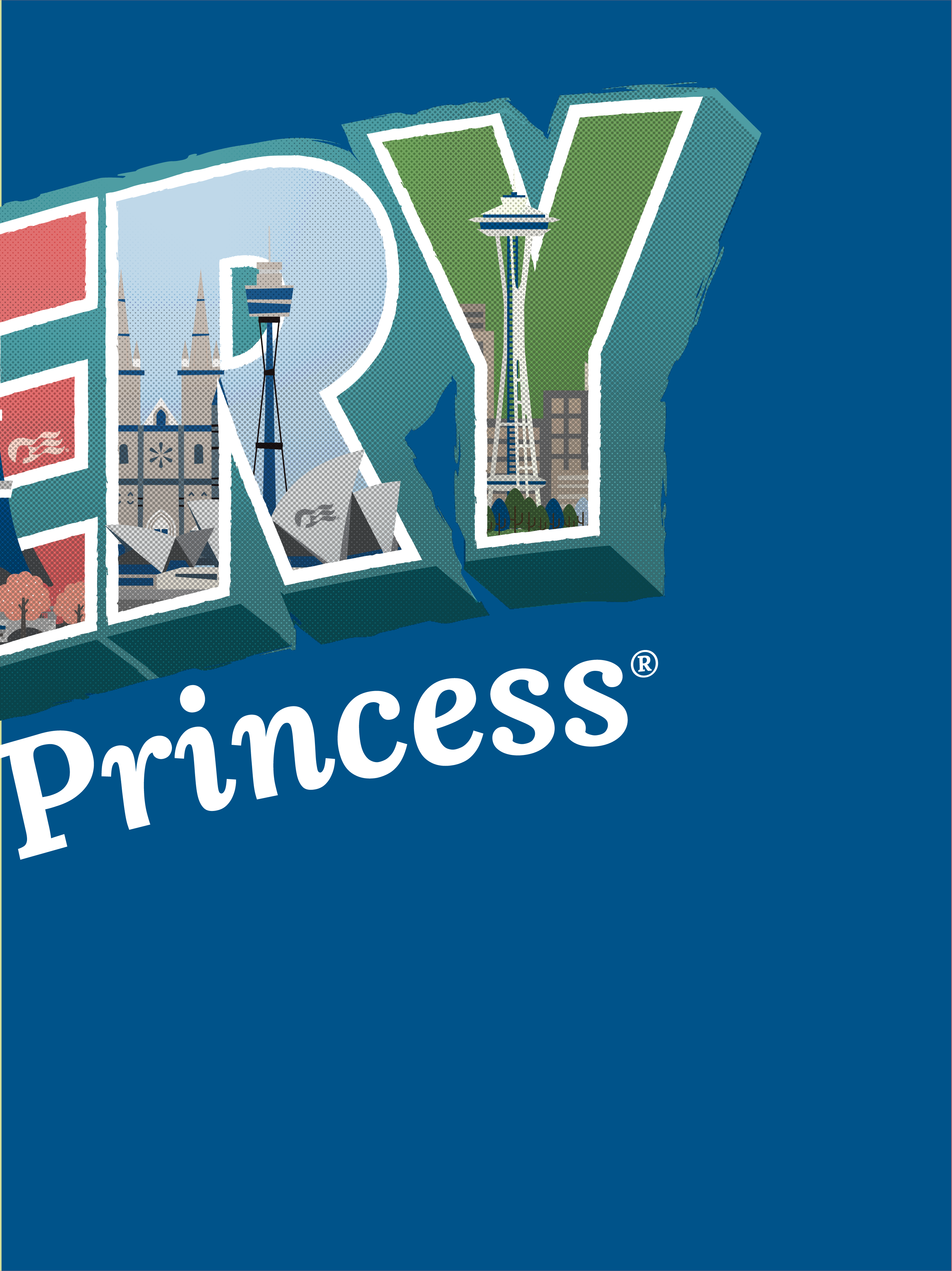 Close-up of the “ERY” section of the mural with illustrated icons such as the Space Needle and modern architecture representing global destinations within the stylized letters.
